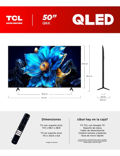 Pantalla Smart TV Tcl QLED de 50 pulgadas 4K/UHD 50Q6K con Google TV 3