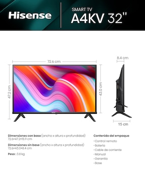 Pantalla Smart TV Hisense LED de 32 pulgadas Full HD 32A4KV