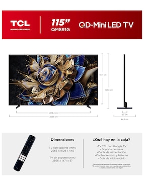 Pantalla Smart TV Tcl QD- mini LED de 115 pulgadas 4K/UHD 115QM891G con Google TV