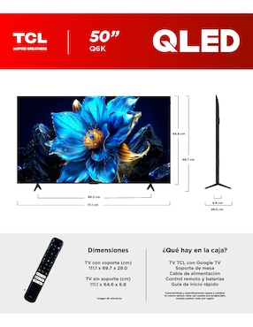 Pantalla Smart TV Tcl QLED de 50 pulgadas 4K/UHD 50Q6K con Google TV