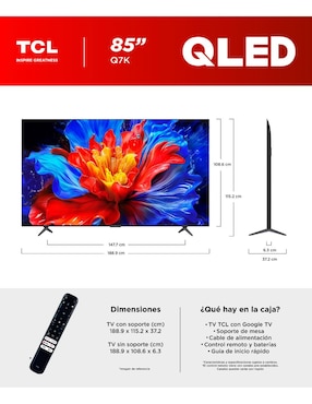 Pantalla Smart TV Tcl QLED de 85 pulgadas 4K/UHD 85Q7K con Google TV