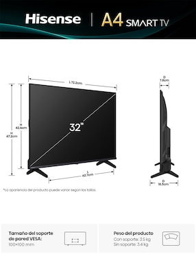 Pantalla Smart TV Hisense LED de 32 Pulgadas HD 32A4NV con AI Sports Mode