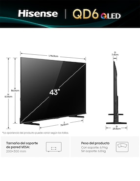 Pantalla smart TV Hisense QLED de 43 pulgadas 4k 43QD6QV con AI Smooth Motion