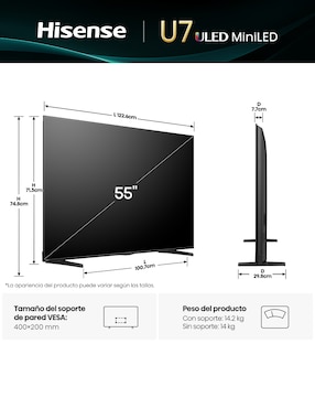 Pantalla Smart TV Hisense Mini LED de 55 pulgadas 4K/UHD 55U7QG con Google TV con AI Smooth Motion
