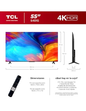 Pantalla Smart TV Tcl LED de 55 Pulgadas 4K/UHD 55S451G con Google TV