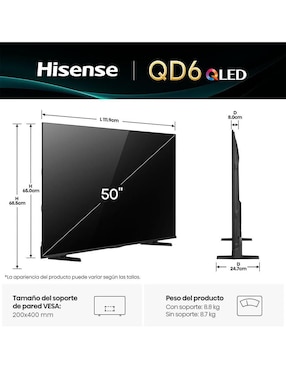 Pantalla Smart TV Hisense QLED de 50 pulgadas 4K 50QD6QV + cable HDMI 4K
