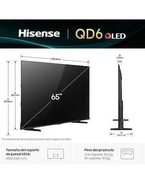 Pantalla Smart TV Hisense QLED de 65 pulgadas 4K/UHD 65QD6QV