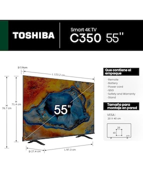 Pantalla Smart TV Toshiba LED de 55 pulgadas 4K 55C350NM