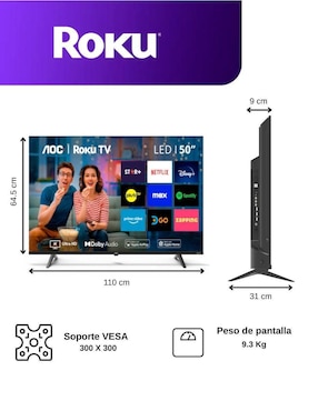 Pantalla smart tv AOC led de 50 pulgadas 4k/uhd 50u7045/85a con roku tv