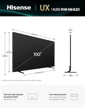 Pantalla Smart TV Hisense Mini LED de 100 pulgadas 4K/UHD 100UX con Google TV con Hi-View AI Engine X