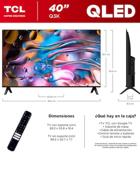 Pantalla smart tv TCL Qled de 40 pulgadas full HD 40Q3K con Google tv
