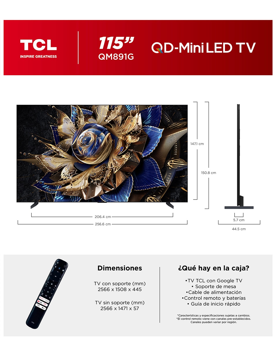 Pantalla Smart TV QD- mini LED de 115 pulgadas 4K/UHD 115QM891G con Google TV 15