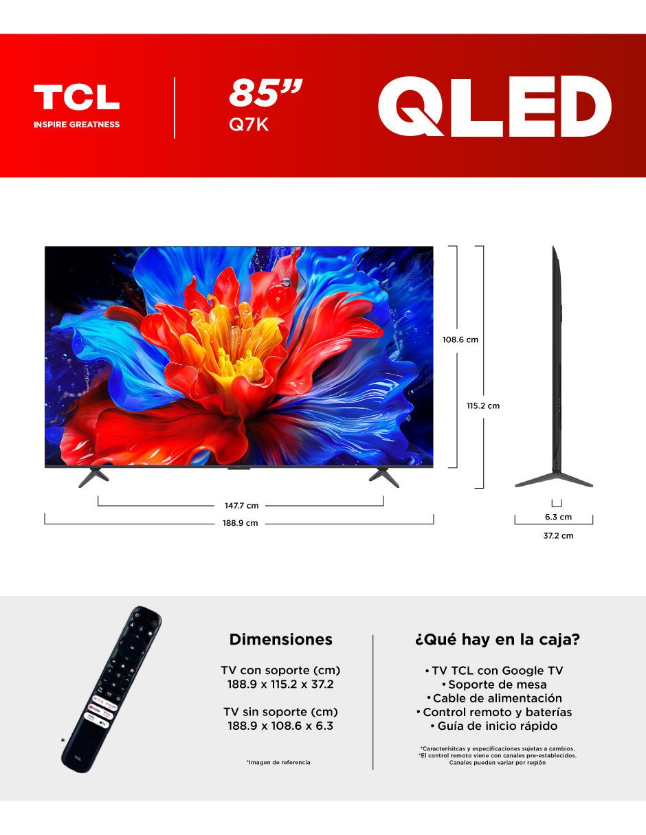 Pantalla Smart TV QLED de 85 pulgadas 4K/UHD 85Q7K con Google TV 5