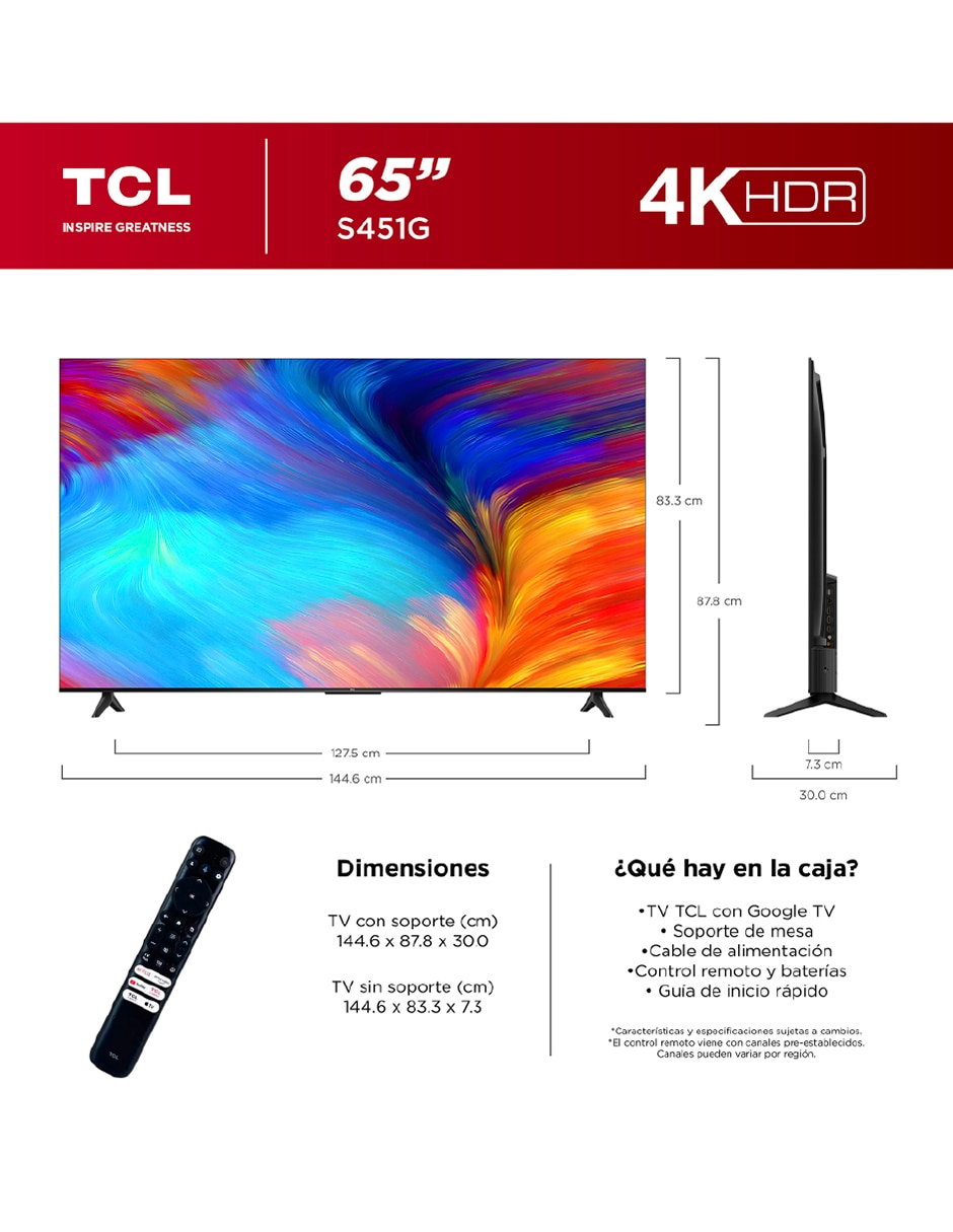 Pantalla Smart TV LED de 65 pulgadas 4k/UHD 65S451G con Google TV 5