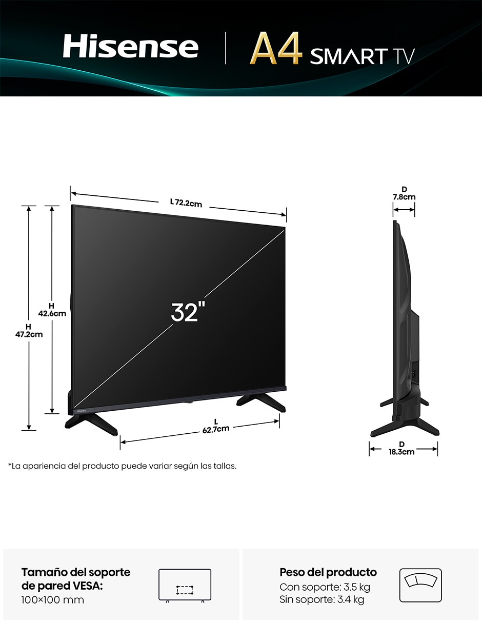 Pantalla Smart TV LED de 32 Pulgadas HD 32A4NV con AI Sports Mode 15