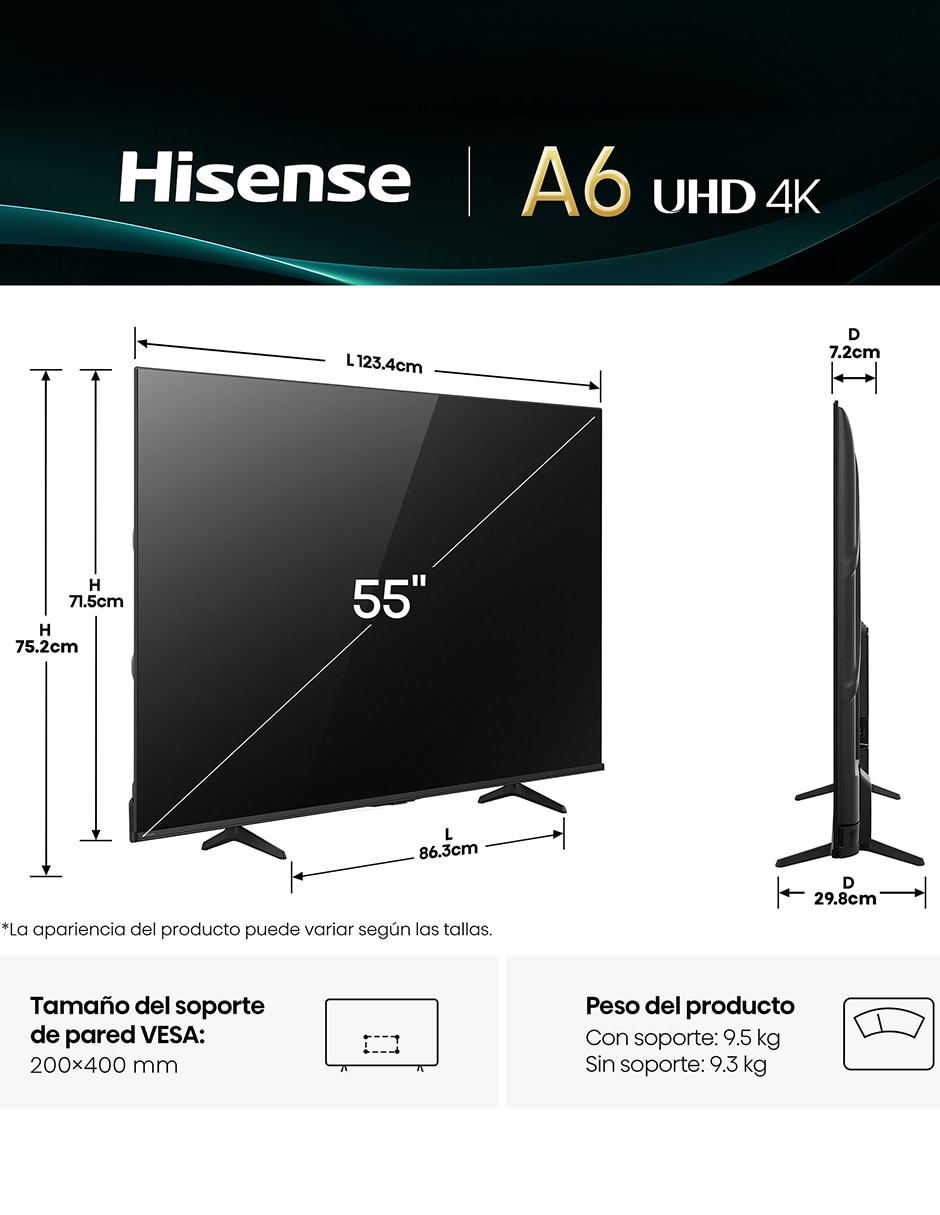 Pantalla Smart TV LED de 55 pulgadas 4K/UHD 55A65NV con AI Sports Mode 15