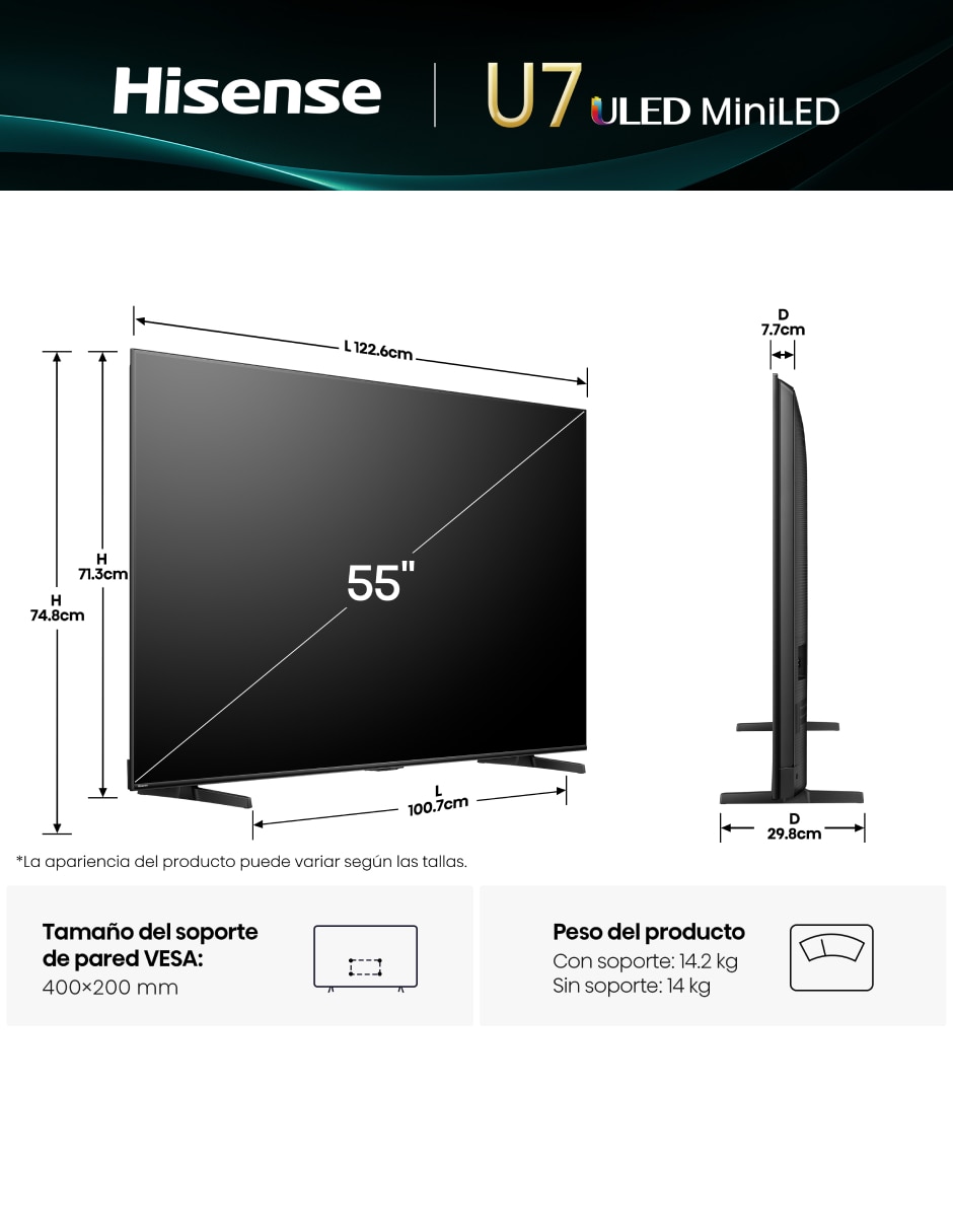Pantalla Smart TV Mini LED de 55 pulgadas 4K/UHD 55U7QG con Google TV con AI Smooth Motion 16