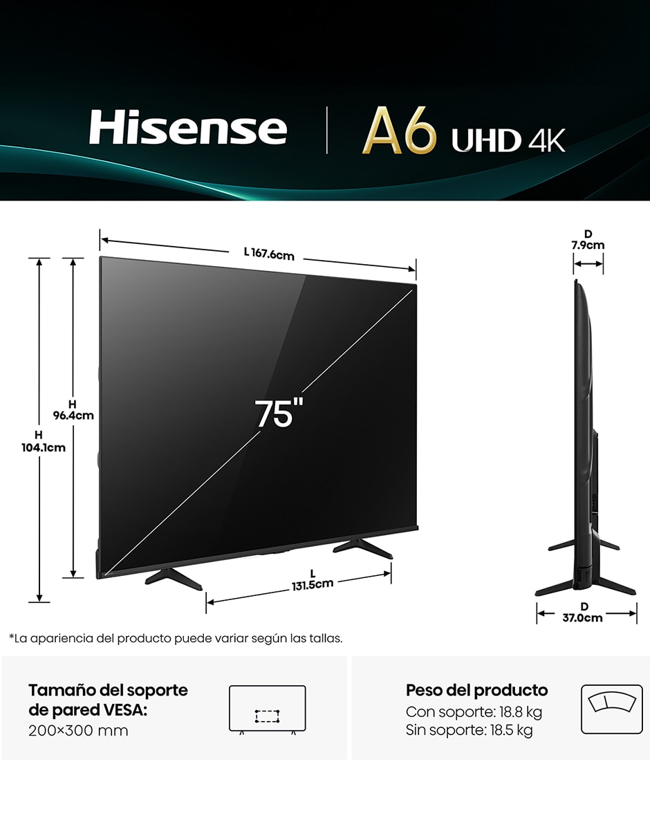 Pantalla Smart TV LED de 75 Pulgadas 4K/UHD 75A65NV con AI Sports Mode 14