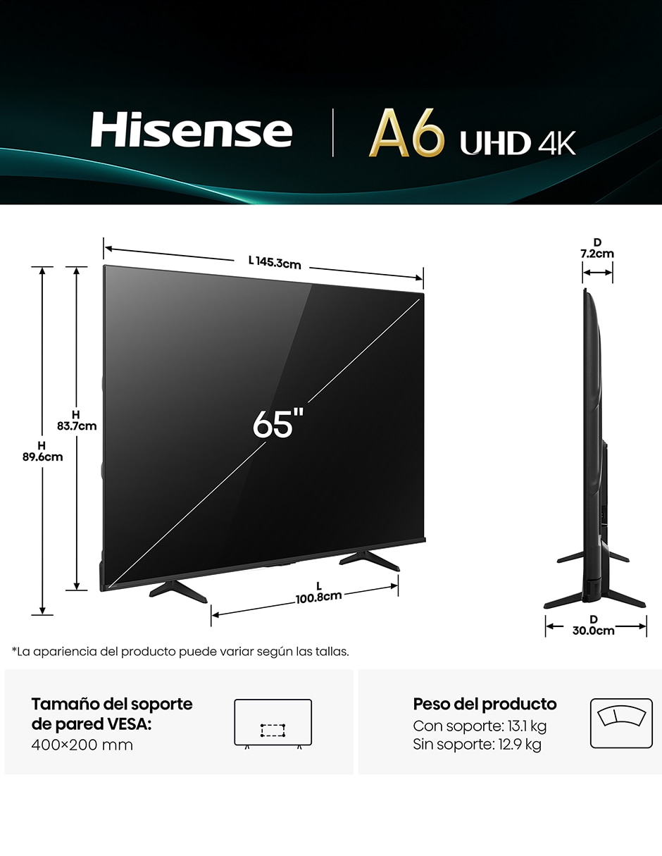 Pantalla Smart TV UHD de 65 pulgadas 4K/UHD 65A65NV con AI Sports Mode 15