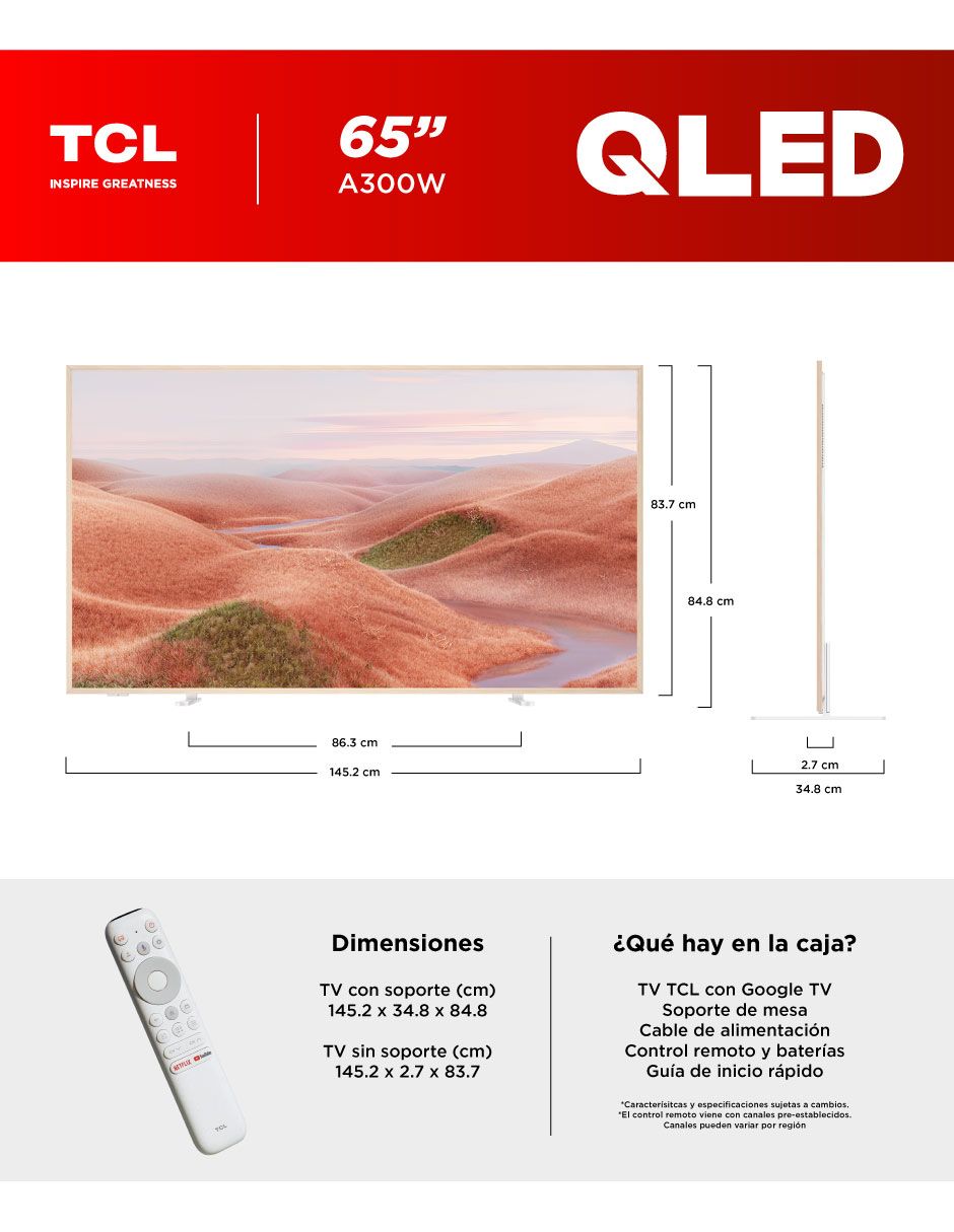 Pantalla Smart TV QLED de 65 pulgadas 4K/UHD 65A300W con Google TV 2